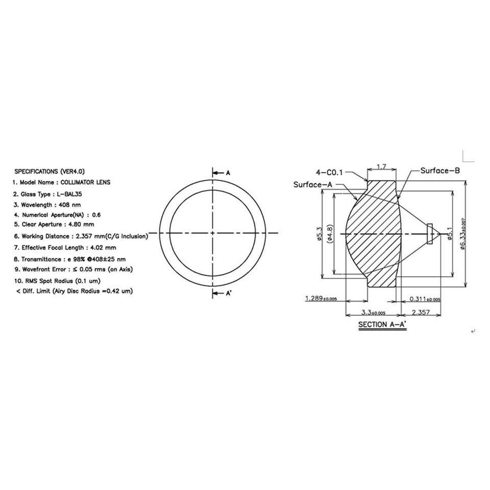 Lente Di Collimazione Di Vetro Per 405nm 445nm 450nm 450nm Fuoco Blu 4mm