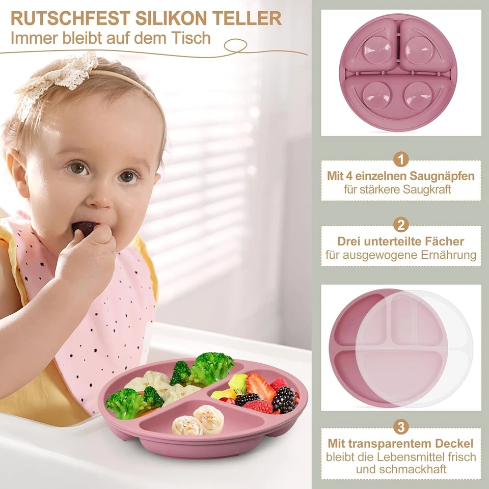 Geschirrset Baby 7-teilig mit Saugnapf Rutschfest Silikon Kind Rosa B502 - Bild 3 von 4