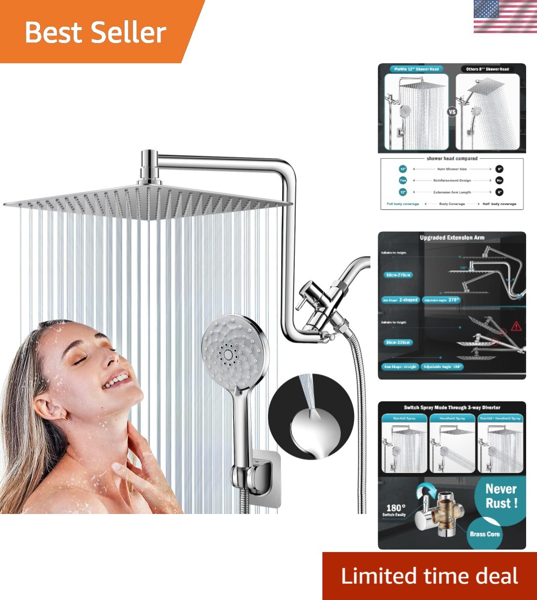 Shower Head, Upgraded Dual Rain Shower Head with Adjustable Extension Arm, 6-...