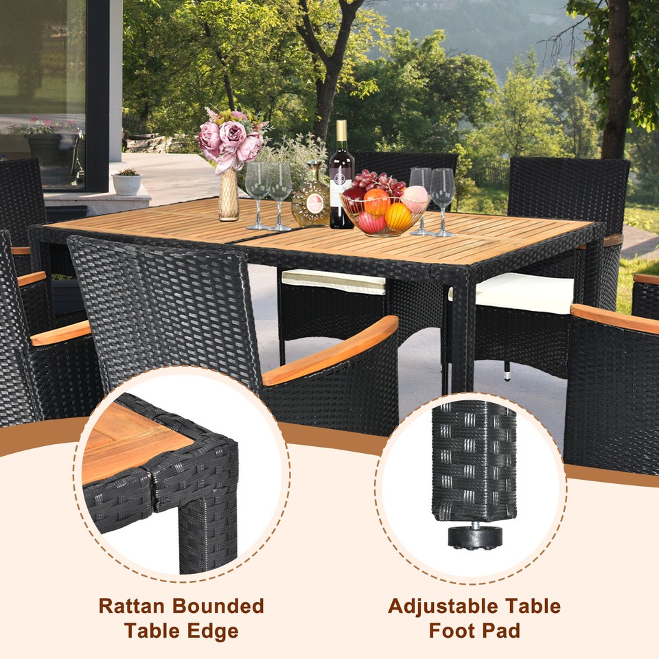 7 Piece Outdoor Patio Dining Set Acacia Wood Table Rattan Chairs Soft