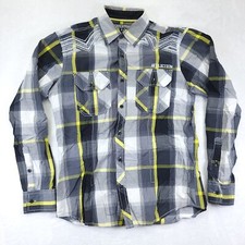 Affliction Black Premium Buckle Yellow Black White Plaid Button Up Shirt Size S
