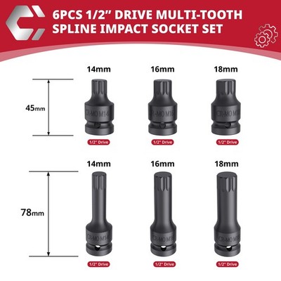 6-tlg. Innenvielzahn Kraft XZN Bit Nuss Satz 1/2'' M14 / M16 / M18 Steckschlüssel