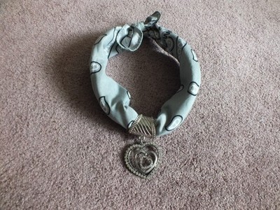 Upcycled Repurposed Bandana Necklace Scarf Gray Silver Heart Pendant Slide Ties