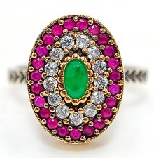 Ottoman Empire Style 1CT Treated Emerald 925 Sterling Silver Ring Sz 7 BT2