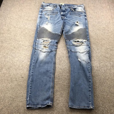 KDNK Jeans Mens 36 Blue Distressed Biker Moto Ribbed Slim Fit Denim Pants