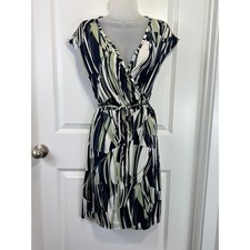Banana Republic Women Navy Green Abstract Geometric Wrap Dress Small Mod Retro S
