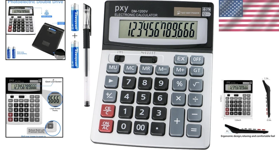 12-Digit Solar & Battery Desktop Calculator with Large LCD Display - Image 2 of 4