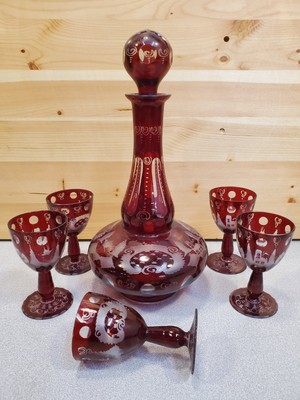Bohemian Decanter and 5 Cordial Glasses, Ruby Red Cut to Clear, Genie Bottle