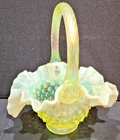 Fenton 1158 TS Iridized Topaz Opalescent Satin Hobnail 8" Basket Uranium Glass