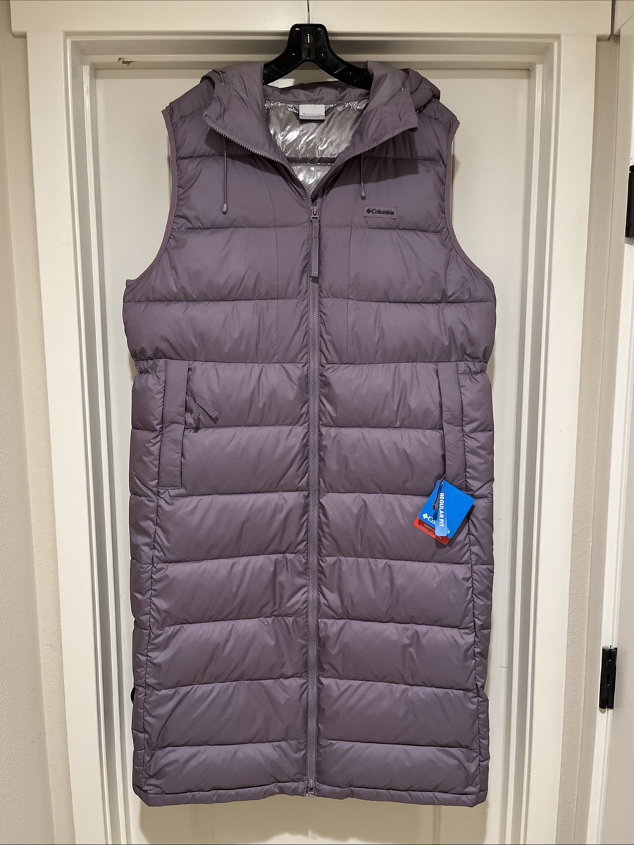 Womens XL Columbia Pike Lake II Long Vest Hooded Purple Puffer