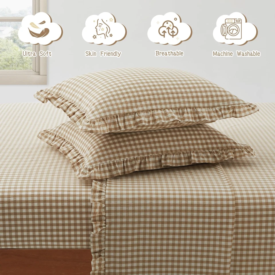 4 Pieces Plaid Ruffle King Size Sheets Set, Cotton Gingham King Sheet Set Lin... - Image 4 of 4