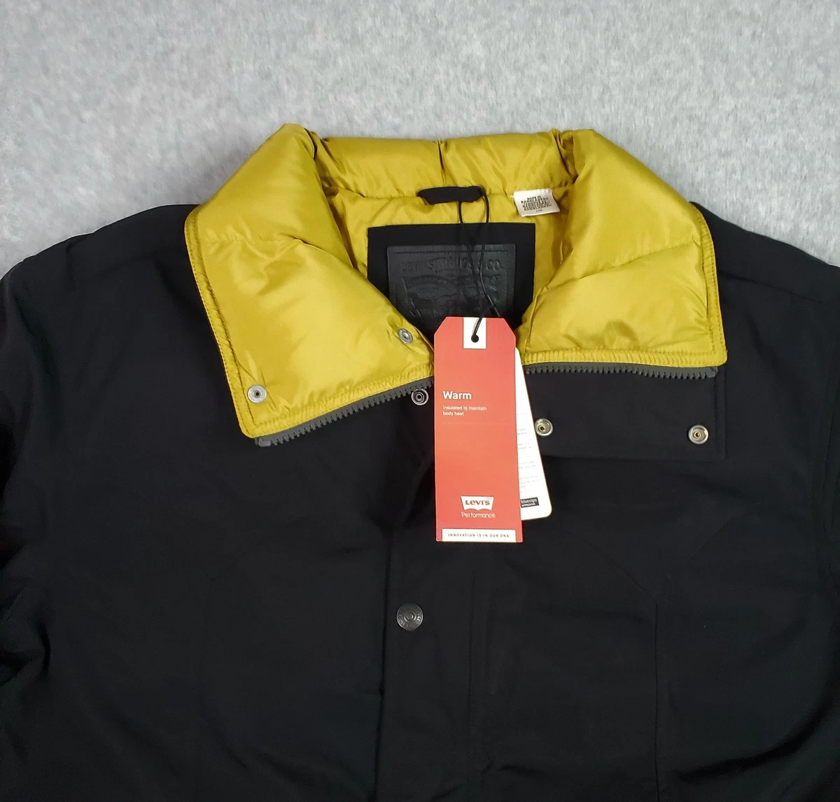 Levis Jacket Mens Large Black Yellow Performance Down Puffer Water Repellent