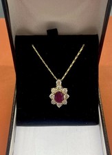 Ruby and Diamond Pendant Necklace 18k Yellow Gold Vintage Style Fine Jewelry