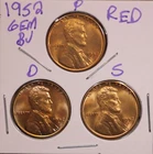 1952 P D S LINCOLN WHEAT CENT PENNY 1C GEM RED BU SET (3 COINS) 52855