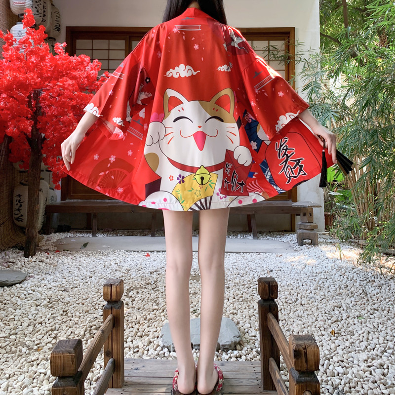 Veste Kimono Lucky Cat – Femme, Manteau Yukata Japonais, Cardigan Harajuku