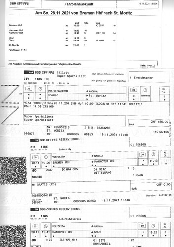 SBB DB Billet(Superspar) St. Moritz-Bremen (1.Kls), Hin 25.11.- Zurück 28.11.21 - Bild 2 von 2
