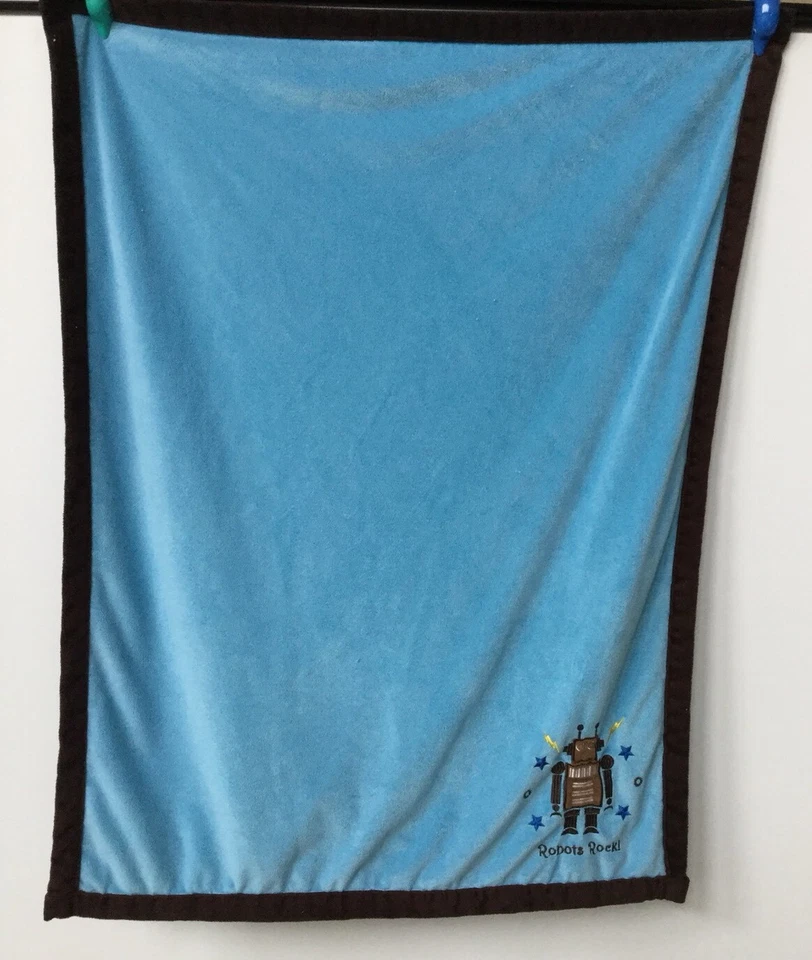 Blue Robots Rock Baby Blanket Brown Velour Sherpa Fleece  - Image 4 of 4