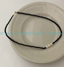 Natural 3mm Faceted Black Spinel Gemstone Beads White Baroque Pearl Necklace