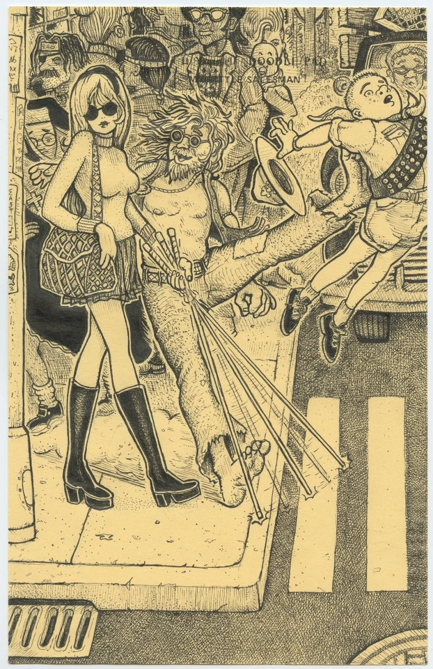 Dibujo original CROSSWALK por David Jablow tinta sobre papel 2016 enmarcado arte pop raro Foto 2 de 4