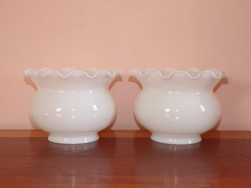 Pair, Vintage, thin milk glass, crimped top, oil/gas lamp/light shades. 3-7/8" F