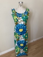 Vintage 50s 60s Floral Ruffle Trim Hawaiian Maxi Dress Tropical Flowers Hawaii
