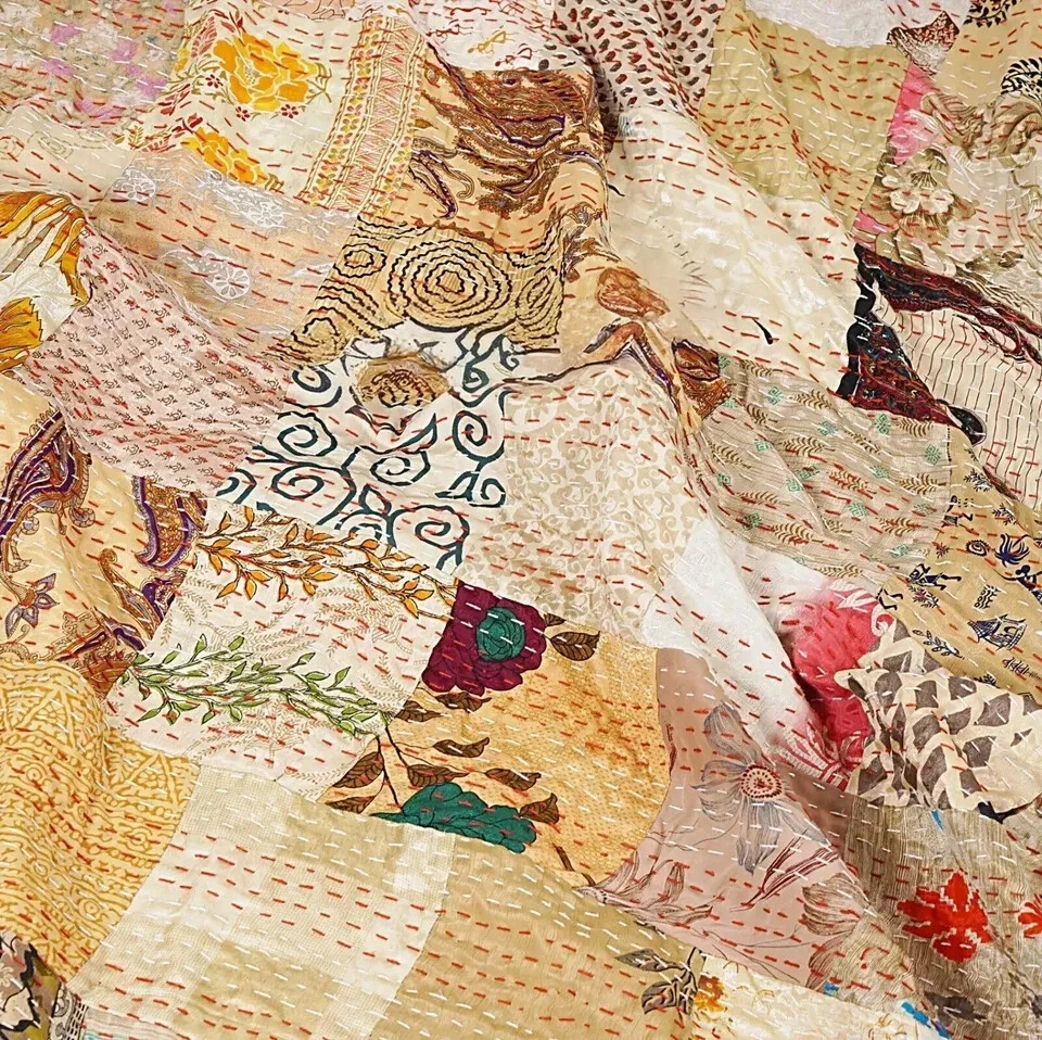 Vintage Handmade Kantha Quilt Patchwork Throw Blanket Hand Stitched Quilt Kantha - Image 3 of 4