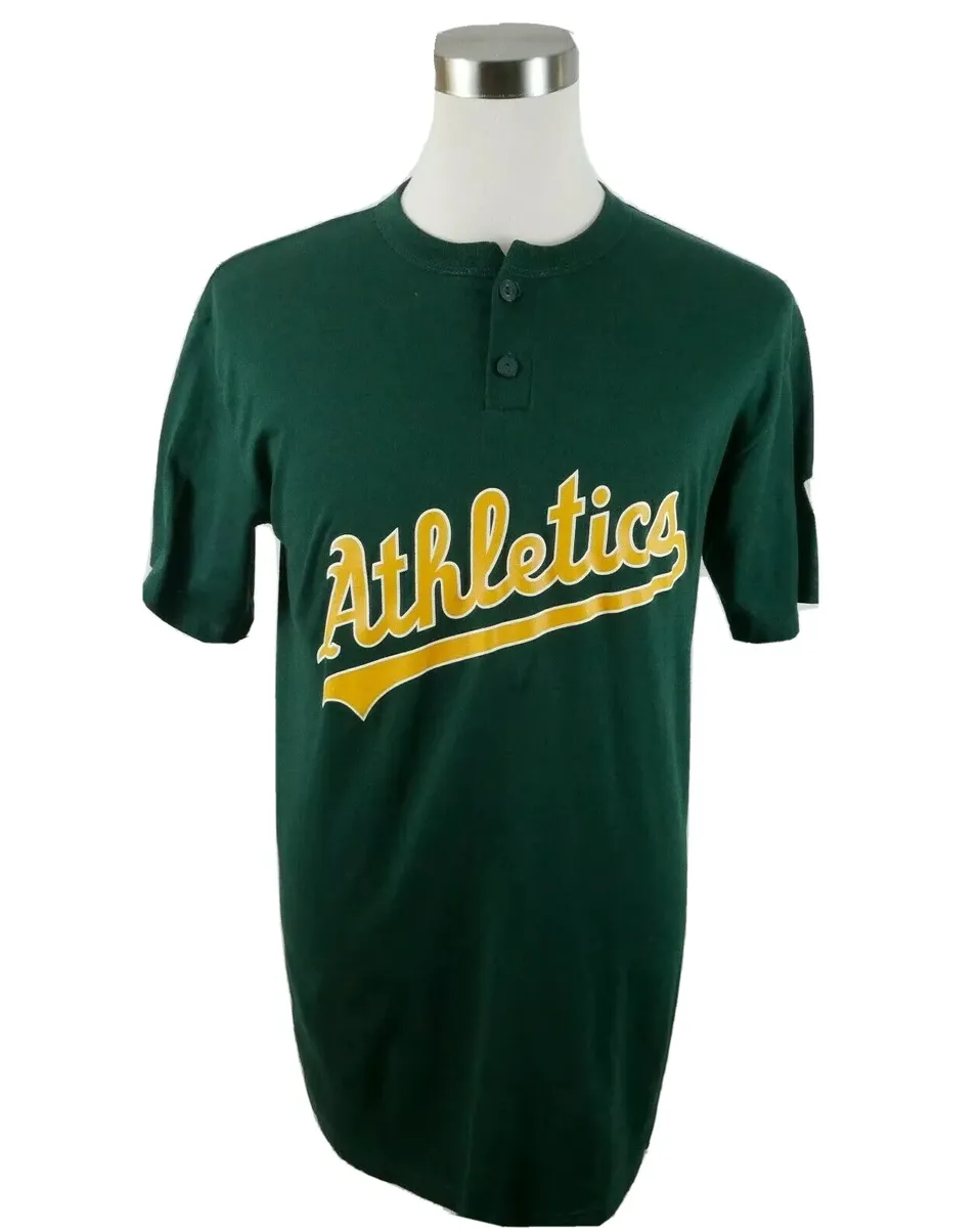 Athletics Little League Boys SS Dark Green Henley Baseball Shirt Majestic  Large
