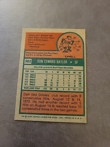 1975 Topps #382 Don Baylor - Baltimore Orioles - Foto 2 di 2