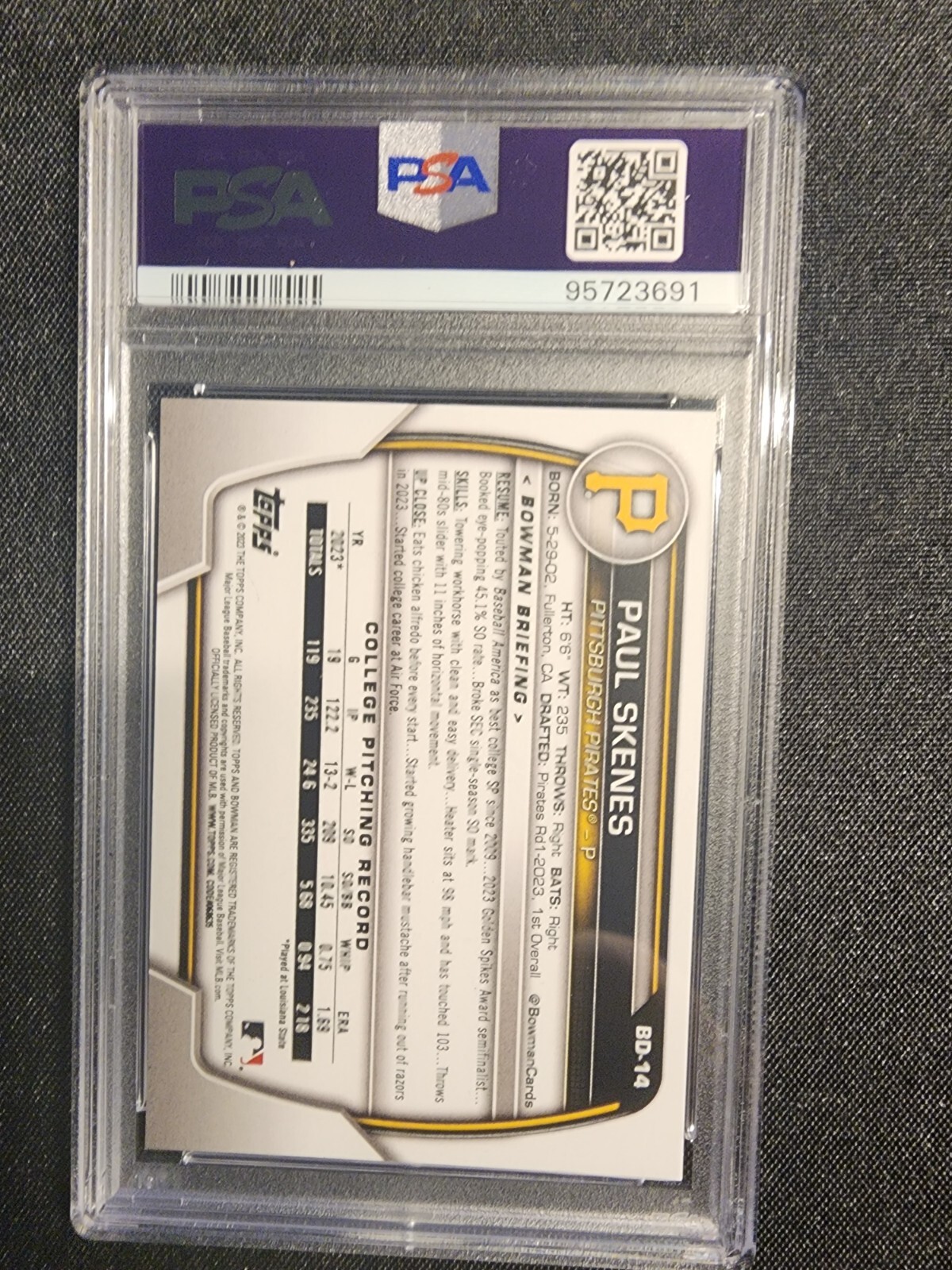PAUL SKENES 2023 BOWMAN PAPER 1ST ROOKIE #BD14 PITTSBURGH PIRATES PSA 10 GEM