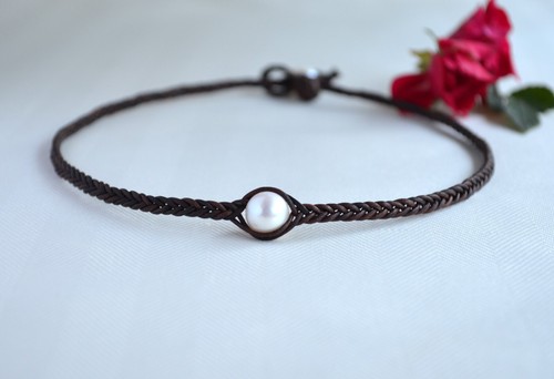 Collana Pelle Perla Perla Choker Perle su Pelle Boho Perla Gioielli Yevga - Foto 7 di 8