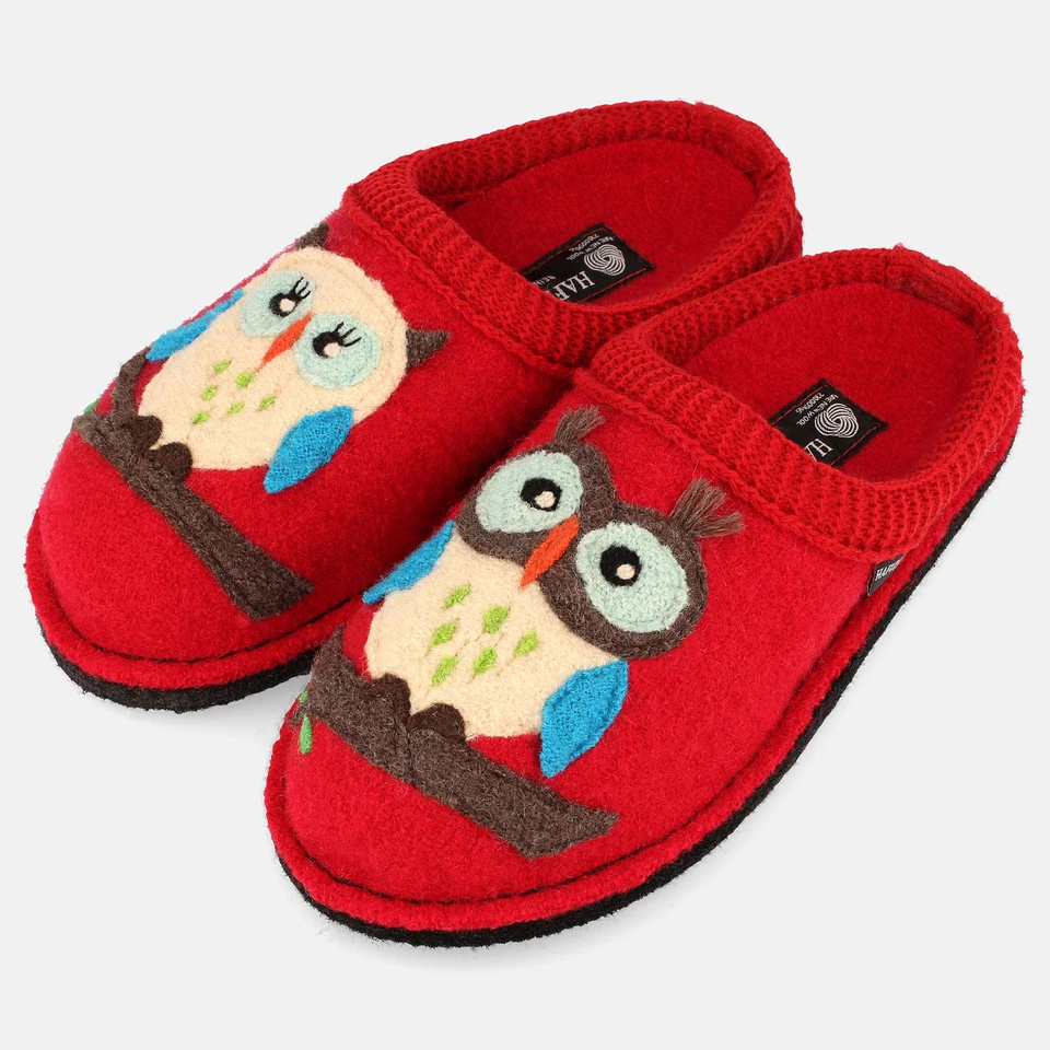 HAFLINGER Flair Olivia Pantoffeln aus gewalkter Wolle Eulenmotiv Unisex