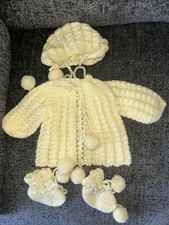 Vintage handmade baby sweater set - beautiful yellow sweater, hat and booties.