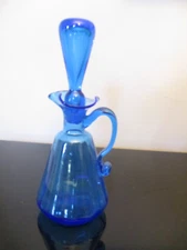 Vintage Mid Century Modern Rainbow Art Glass Peacock Blue Pitcher Cruet Stopper!