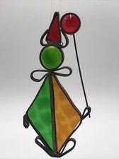 Vintage Leaded Stained Glass Suncatcher Clown with Red Balloon