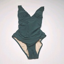 Kona Sol One Piece Swimsuit XL Green Cutout Tie Front Scalloped Strap Ruched...