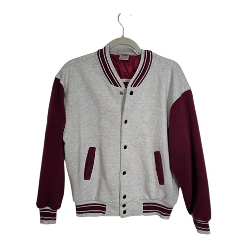 Vintage 90s Fruit Of The Loom Mens Varsity Letterman Jacket Size M Grey Snap Up - Image 1