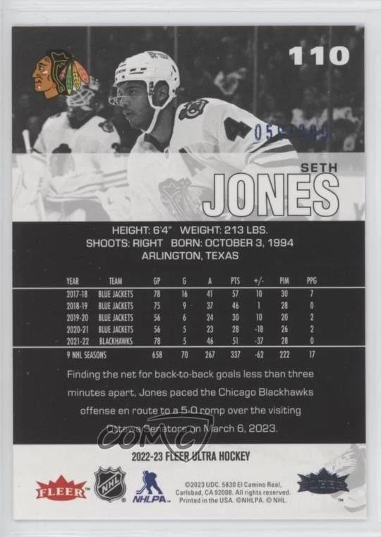2022-23 Upper Deck Fleer Ultra Blue Foil /399 Seth Jones #110 - Image 2 of 2