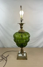 Vintage Green Blown Glass Hollywood Regency MCM Parlor Style Lamp Works!
