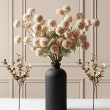 Artificial Flowers for Vase - Beige Silk Mums 10 Long Stems with Eucalyptus, ...