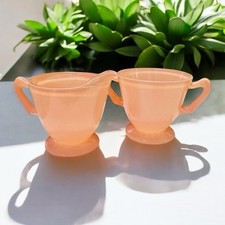 Hazel Atlas Soft Pink Platonite Modertone Creamer  Sugar Footed Handled 1940's
