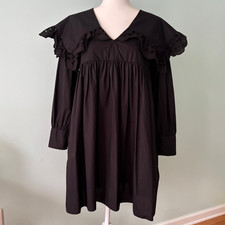 Zara Long Sleeve V Neck Poplin Mini Dress Eyelet Embroidery Black Whimsigoth XS