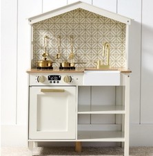 Pretend Play Wooden Farmhouse Kitchen Set w/ Storage, 5 Accessories