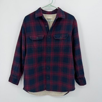 #ad #ad Old Navy Men#x27;s Plaid Sherpa Lined Flannel Shirt Shacket Navy Barn Chore M $25.60