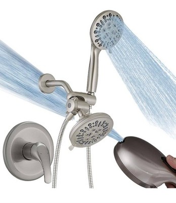 BWE Brushed Nickel Dual Shower Head System 8-Spray Handheld & Rainfall Combo