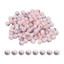 100Pcs 6mm Round Ceramic Porcelain Beads, Glaze Change Pink