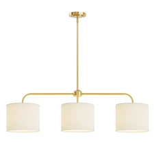 3-Light White Linen Drum Shade Chandelier with Polished Gold Metal Linear Pen...