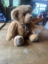 VTG Russ Berrie Jointed Teddy Bear 15" Brown Plush Suede Feet Striped Bow