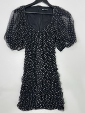 ZARA Black Polka Dot Mesh Puff Sleeve Ruched Mini Dress Size Small
