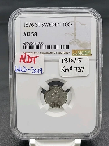 1876 ST SWEDEN 10 ORE NGC AU58 Overdate Variety