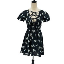 Petal + Pup NWT S Winny Black Floral Open Tie Front Smocked Cotton Mini Dress